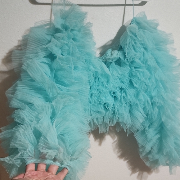 Selezza London Ruffled Mesh Crop Top in Aqua Size S - Picture 5 of 12